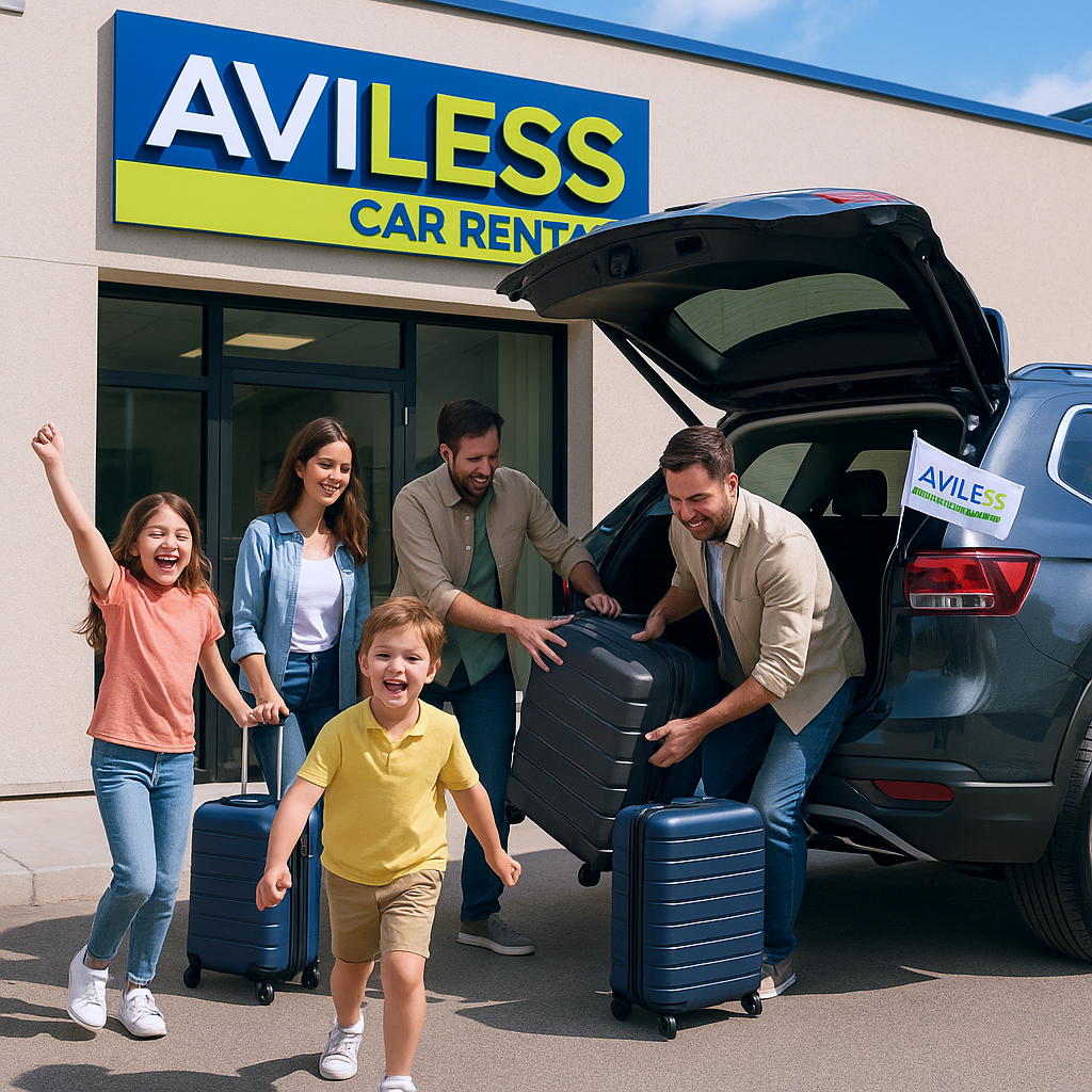 Aviless Car Rental - Familia feliz en oficinas